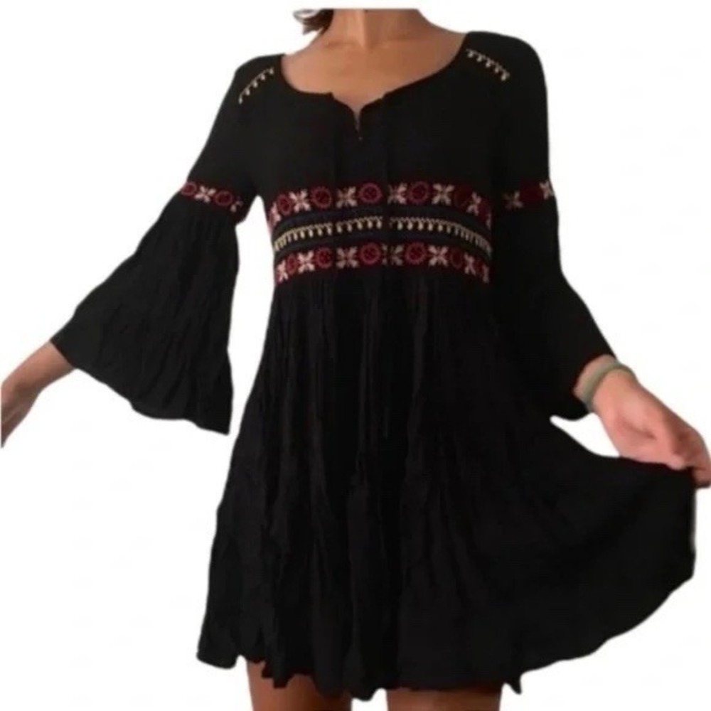 American Eagle Boho Mini Dress 3/4 Flare Sleeves Embroider Black Sz XXL Festival